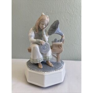 Vintage Handcrafted Otagiri Girl Record Rotating Music Box Japan Porcelain Works